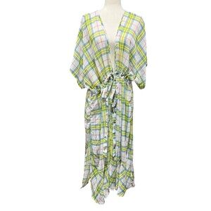 Torrid Cinch Waist Kimono Duster Chiffon Plaid Size 3 3X Yellow Blue Cottagecore